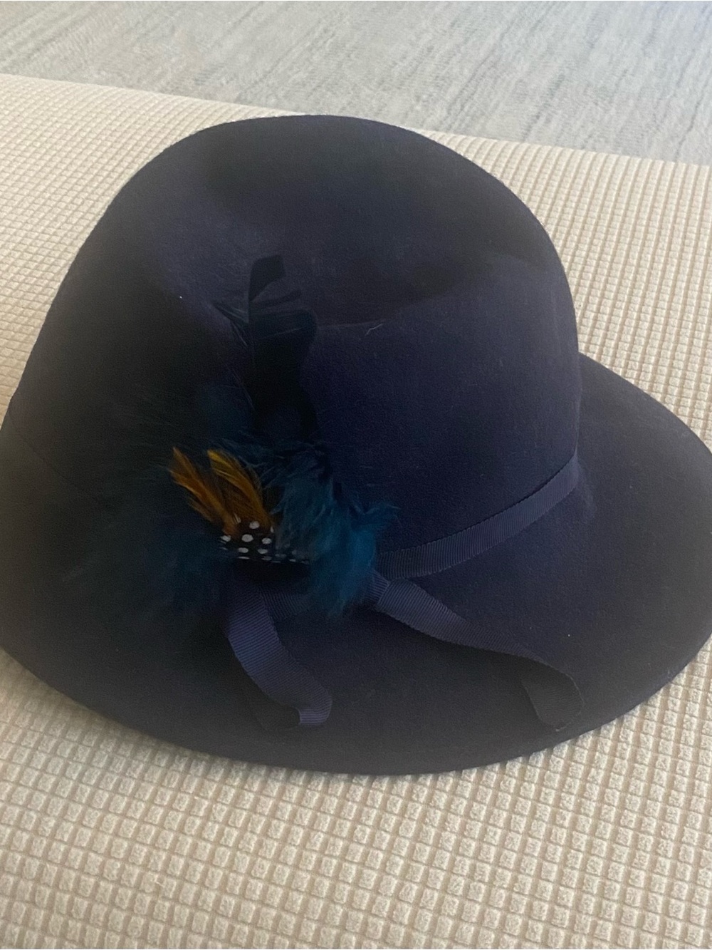 Lancaster Navy Wool Women's Vintage Hat with Feather Accent